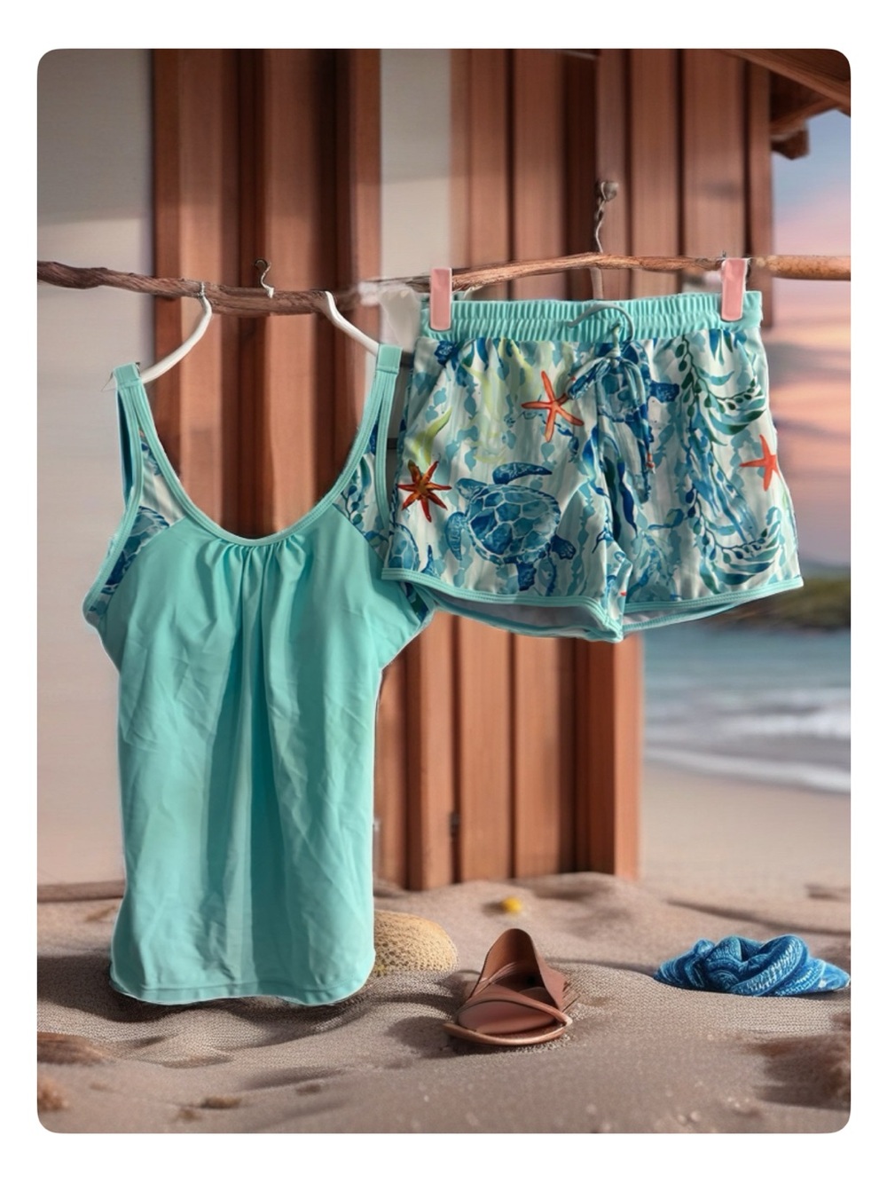 Aumora Light Aqua Swim Top with Matching Aqua Shorts Sea Turtles